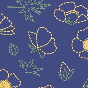 Buttercup flower embroidery pattern on blue