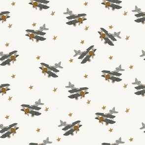 Grey Vintage Airplanes with Stars