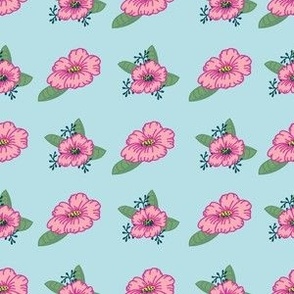 Stripes of Pink Flowers on Teal Blue