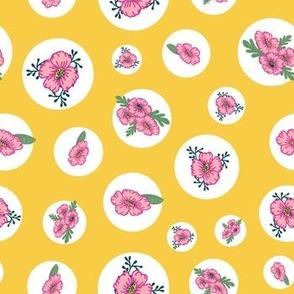 Pink Flowers on White Dots on a Golden Yellow Background