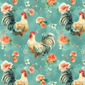 Cute Chicken Breeds Floral Chicken Fabric, Blue Turquoise