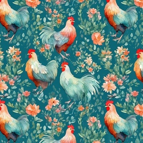 Floral Chickens Hens - Turquoise