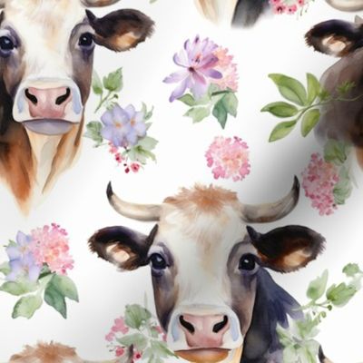 Cute Watercolor Cows Floral