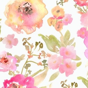 Adeline Watercolor Blush Pink, Yellow Sage Green Floral on White_Medium Scale