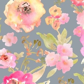 Adeline Watercolor Blush Pink, Yellow Sage Green Floral on Blue_Medium Scale