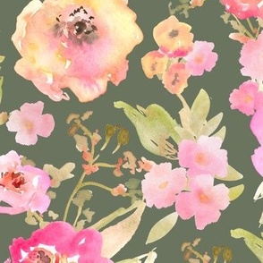 Adeline Watercolor Blush Pink, Yellow Floral on Green_Medium Scale