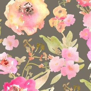 Adeline Watercolor Blush Pink, Yellow Sage Green Floral on Whitehall Brown_Medium Scale
