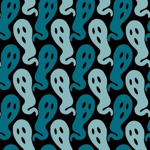 Medium // Ghostly Haunts: Spooky Halloween Ghosts - Light Blue & Teal on Black