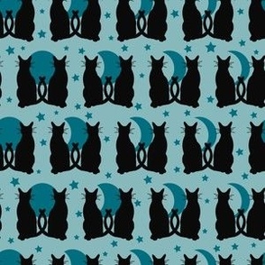Small // Moonlight Whiskers: Halloween Black Cats, Moon Phases and Stars - Light Blue