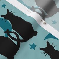 Medium // Moonlight Whiskers: Halloween Black Cats, Moon Phases and Stars - Light Blue