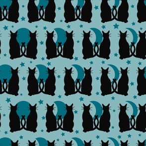 Large // Moonlight Whiskers: Halloween Black Cats, Moon Phases and Stars - Light Blue