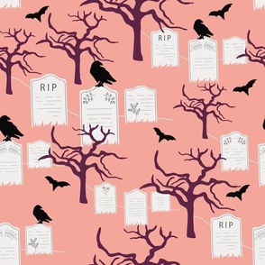 Medium // Spooky Graveyard Haunts: Halloween Gravestones, Trees, Black Bats, Crows - Pink