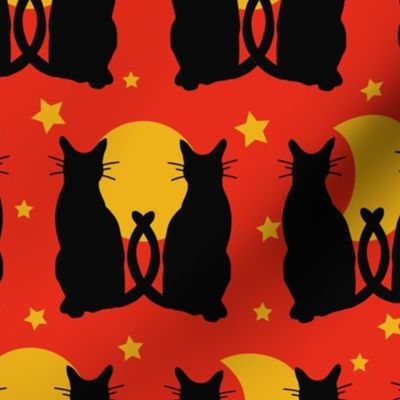 Large // Moonlight Whiskers: Halloween Black Cats, Moon Phases and Stars - Red