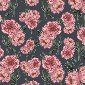 Large - Mia Florals - Watercolour Painted Blush Pink Peonies - Art Nouveau - Navy - Wallpaper, Bedding, Bed Sheets