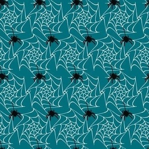 Small // Spooky Spinners: Halloween Spiders and Spider Webs - Teal Blue