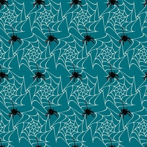 Medium // Spooky Spinners: Halloween Spiders and Spider Webs - Teal Blue