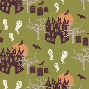 Small // Spooky Manor: Halloween Haunted House, Gravestones, Full Moon, Bats, Trees, Ghosts - Lime Green