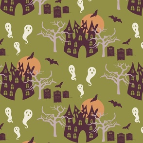 Large // Spooky Manor: Halloween Haunted House, Gravestones, Full Moon, Bats, Trees, Ghosts - Lime Green