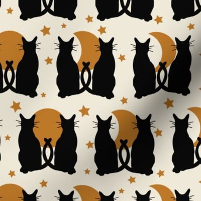 Medium // Moonlight Whiskers: Halloween Black Cats, Moon Phases and Stars - Cream