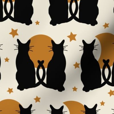 Large // Moonlight Whiskers: Halloween Black Cats, Moon Phases and Stars - Cream