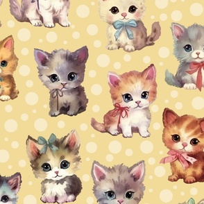 Cute Adorable Little Kitty Cats with Bows Light Pastel Yellow Polka Dots Large