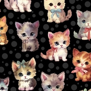 Cute Adorable Little Kitty Cats with Bows on Black Polka Dots Large