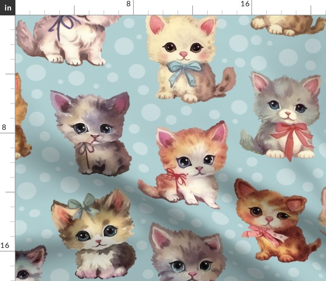 Cute Adorable Little Kitty Cats with Bows Pastel Blue Polka Dots Large