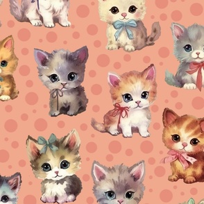 Cute Adorable Little Kitty Cats with Bows Pastel Peach Orange Polka Dots Large