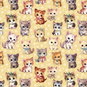 Cute Adorable Little Kitty Cats with Bows Light Pastel Yellow Polka Dots Medium