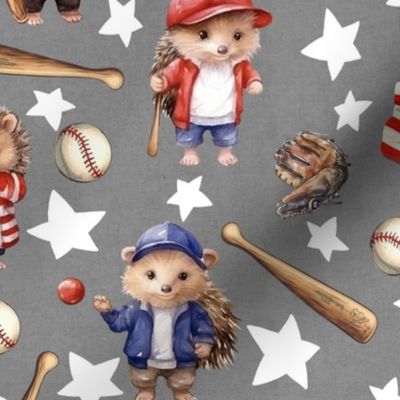 Playful Little Hedgehogs: Baseball-themed Stars Cute Kids on Gray
