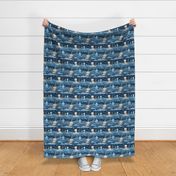 Cute Shaggy Puppy Dog, Kitty Cat, Blue Holiday, Snowy Kid Theme, Christmas Presents, Tan and Blue, Children's Textile, Whimsical, Playful, Adorable, Pet Lovers, Festive