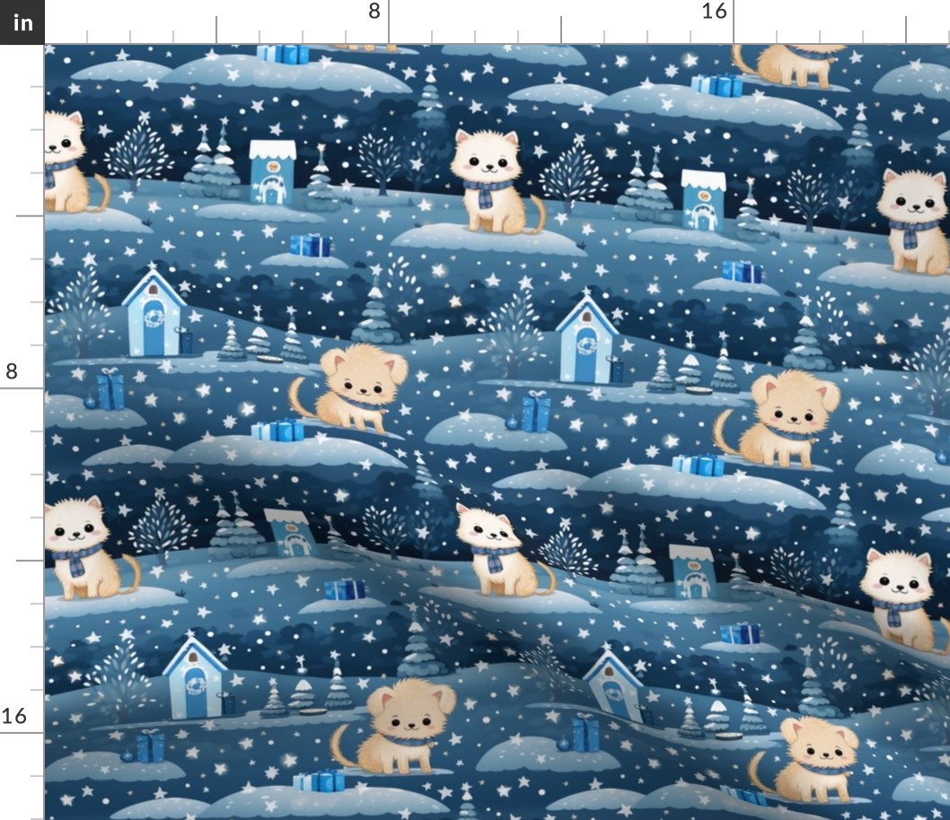 Cute Shaggy Puppy Dog, Kitty Cat, Blue Holiday, Snowy Kid Theme, Christmas Presents, Tan and Blue, Children's Textile, Whimsical, Playful, Adorable, Pet Lovers, Festive