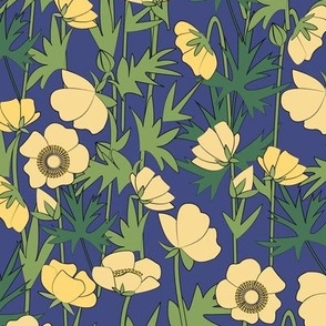 Yellow buttercup flowers on blue pattern