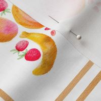 Tropical watercolor fruits in abstract check grid in gold red and pink