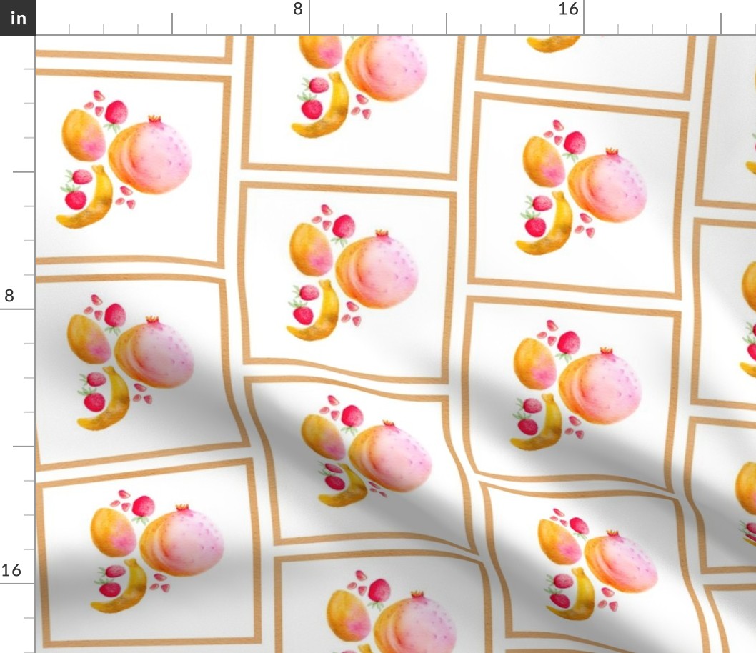 Tropical watercolor fruits in abstract check grid in gold red and pink