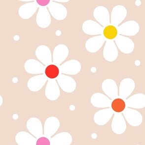 White Daisy Florals With Bright Middles On Mink Background