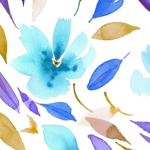 Watercolor Flower and Leaves Floral in Aqua, Purple, Blues &  Ochre XL