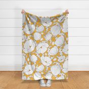 upd06DEC23 XL Tossed Boho Retro Poppies - white flowers and leaves on bright yellow