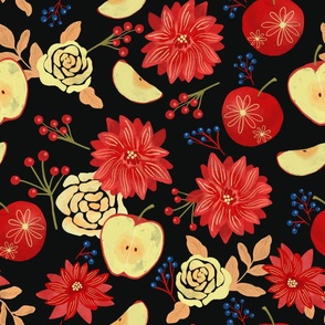 Apples and Fall Flowers in dark