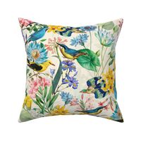 Exotic Summer Rainforest Jungle Beauty:  A Vintage Mysterious Botanical Pattern Featuring 
leaves blossoms and colorful Tropical birds on off white