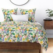 Exotic Summer Rainforest Jungle Beauty:  A Vintage Mysterious Botanical Pattern Featuring 
leaves blossoms and colorful Tropical birds on off white