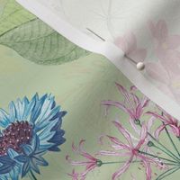 Exotic Summer Rainforest Jungle Beauty:  A Vintage Mysterious Botanical Pattern Featuring 
leaves blossoms and colorful Tropical birds on  light green