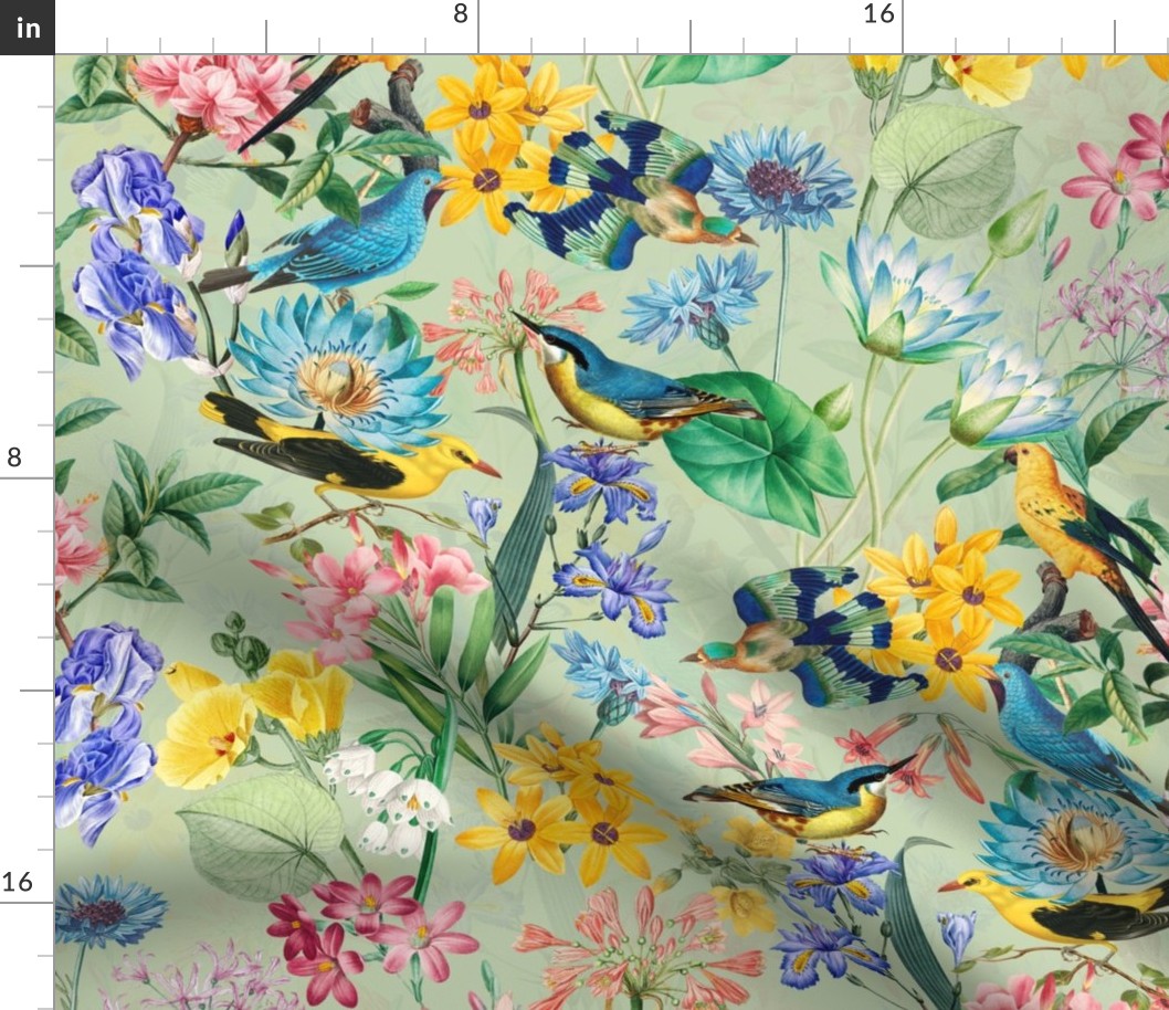 Exotic Summer Rainforest Jungle Beauty:  A Vintage Mysterious Botanical Pattern Featuring 
leaves blossoms and colorful Tropical birds on  light green