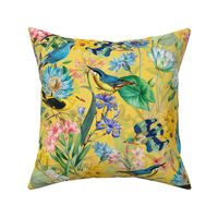 Exotic Summer Rainforest Jungle Beauty:  A Vintage Mysterious Botanical Pattern Featuring 
leaves blossoms and colorful Tropical birds on  sunny yellow