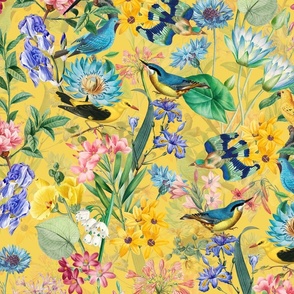 Exotic Summer Rainforest Jungle Beauty:  A Vintage Mysterious Botanical Pattern Featuring 
leaves blossoms and colorful Tropical birds on  sunny yellow