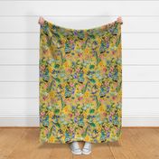 Exotic Summer Rainforest Jungle Beauty:  A Vintage Mysterious Botanical Pattern Featuring leaves blossoms and colorful Tropical birds on  sunny yellow