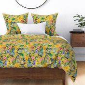 Exotic Summer Rainforest Jungle Beauty:  A Vintage Mysterious Botanical Pattern Featuring leaves blossoms and colorful Tropical birds on  sunny yellow