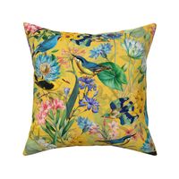 Exotic Summer Rainforest Jungle Beauty:  A Vintage Mysterious Botanical Pattern Featuring leaves blossoms and colorful Tropical birds on  sunny yellow