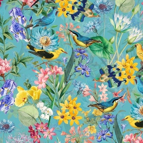 Exotic Summer Rainforest Jungle Beauty:  A Vintage Mysterious Botanical Pattern Featuring 
leaves blossoms and colorful Tropical birds on  turquoise