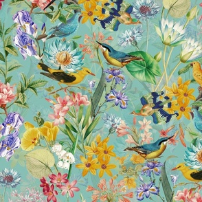 Exotic Summer Rainforest Jungle Beauty:  A Vintage Mysterious Botanical Pattern Featuring 
leaves blossoms and colorful Tropical birds on sepia turquoise